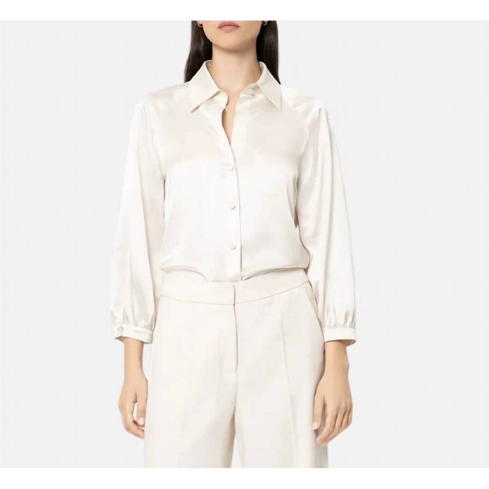 NEW LUISA CERANO button front satin blouse in white